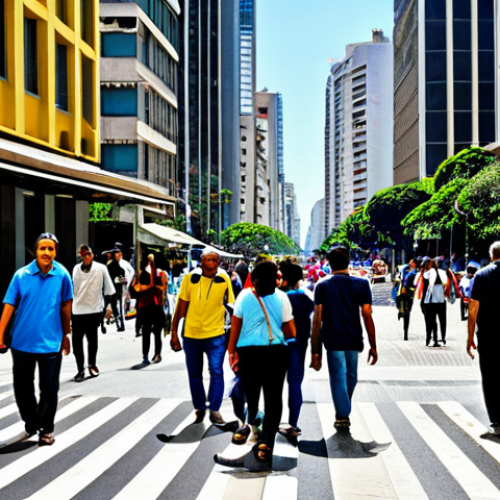 Home 11 A Bustling São Paulo Street Scene**
"A diverse group of fully clothed people walking on Avenida Paulista in São Paulo, Brazil. Capture the vibrant atmosphere with street vendors, colorful buildings, and classic Brazilian architecture. Everyone is dressed in appropriate attire for a warm day. Safe for work, appropriate content, family-friendly, professional photography, perfect anatomy, natural proportions."
**