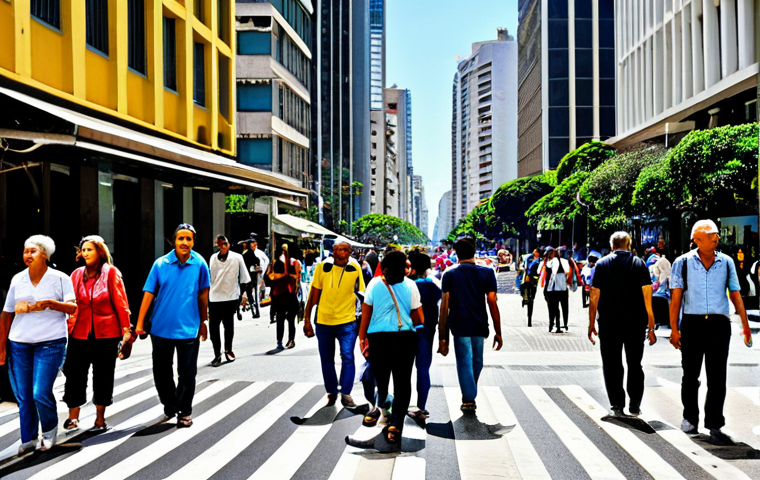 A Bustling São Paulo Street Scene**
"A diverse group of fully clothed people walking on Avenida Paulista in São Paulo, Brazil. Capture the vibrant atmosphere with street vendors, colorful buildings, and classic Brazilian architecture. Everyone is dressed in appropriate attire for a warm day. Safe for work, appropriate content, family-friendly, professional photography, perfect anatomy, natural proportions."
**