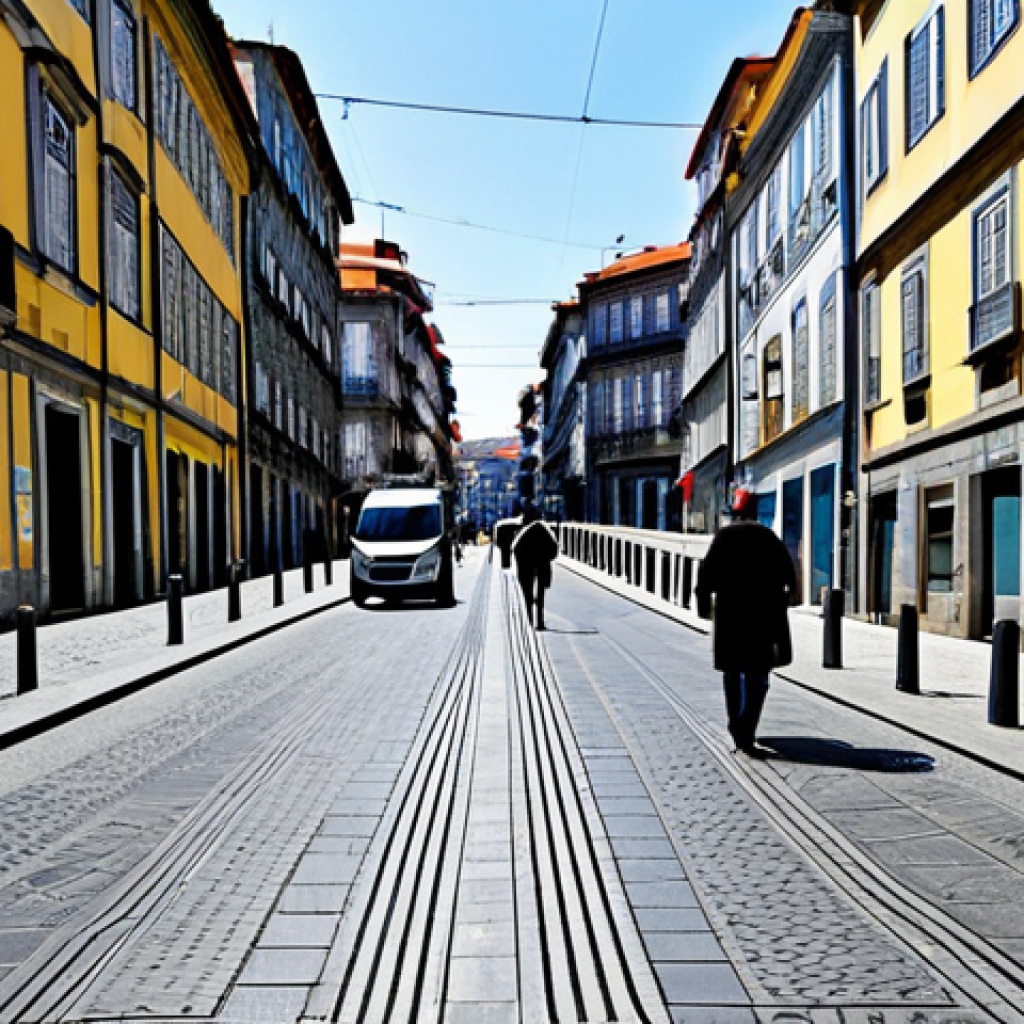 2023년 얼굴 인식 기술의 전망 - Public Safety Application**
"Modern, safe city street scene in Porto, Portugal, showing discreet fa...
