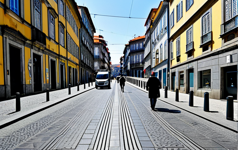 2023년 얼굴 인식 기술의 전망 - Public Safety Application**
"Modern, safe city street scene in Porto, Portugal, showing discreet fa...