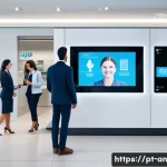Home 14 얼굴 인식 기술의 라이센스 비용 - A modern Brazilian corporate office lobby featuring diverse professionals interacting with advanced ...
