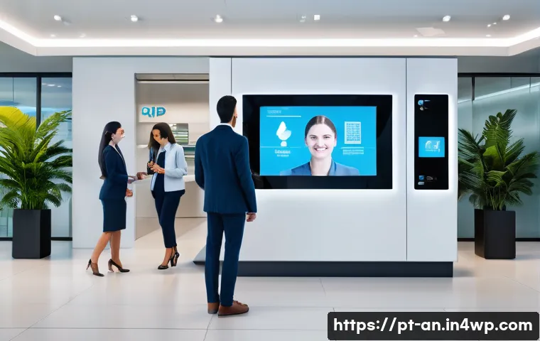 얼굴 인식 기술의 라이센스 비용 - A modern Brazilian corporate office lobby featuring diverse professionals interacting with advanced ...