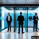 Home 19 AI 기반 얼굴 인식의 정확도 향상 전략 - A high-tech corporate security checkpoint scene in São Paulo, Brazil, showcasing advanced facial rec...