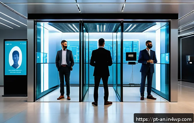 AI 기반 얼굴 인식의 정확도 향상 전략 - A high-tech corporate security checkpoint scene in São Paulo, Brazil, showcasing advanced facial rec...
