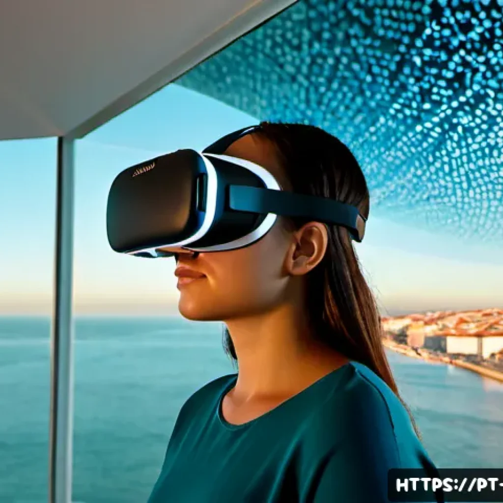 미래의 얼굴 인식 기술 가상 현실과의 연결 - Photorealistic futuristic Lisbon technology studio at golden hour, a Portuguese woman wearing a slee...