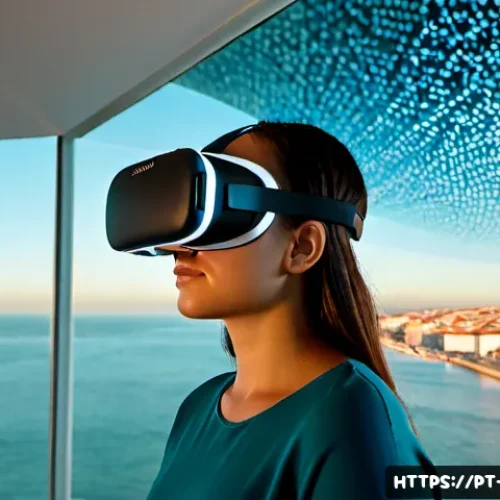 Home 15 미래의 얼굴 인식 기술 가상 현실과의 연결 - Photorealistic futuristic Lisbon technology studio at golden hour, a Portuguese woman wearing a slee...