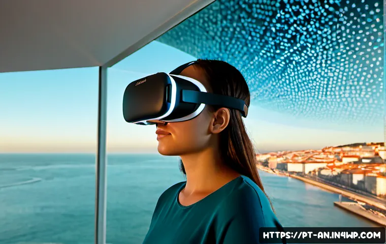 미래의 얼굴 인식 기술  가상 현실과의 연결 - Photorealistic futuristic Lisbon technology studio at golden hour, a Portuguese woman wearing a slee...